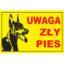 Tabliczka Uwaga zły pies, żółta z dobermanem