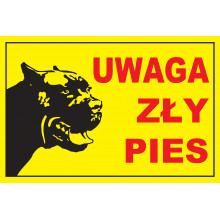 Tabliczka Uwaga zły pies, żółta z warczącym psem